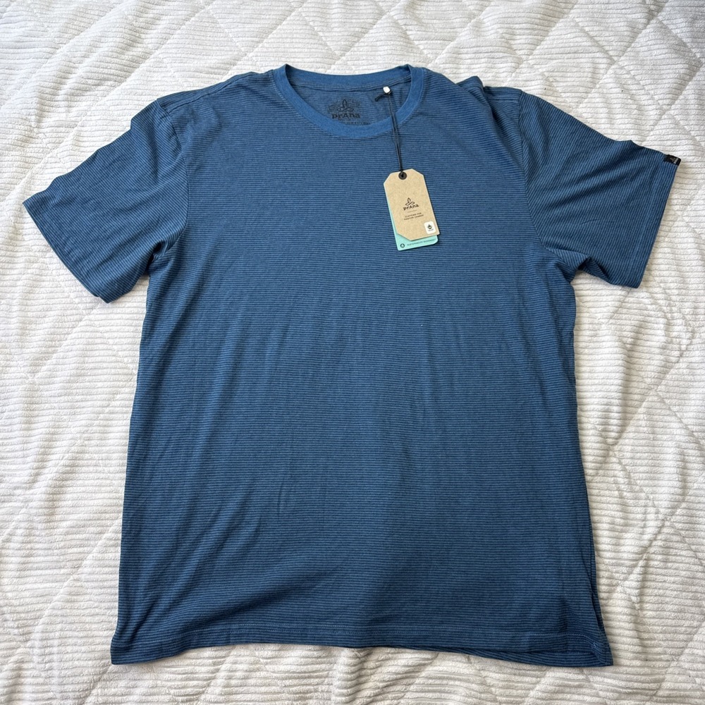 NEW Prana Crew T Shirt Mens Extra Large Blue Stripe Active Outdoor Sustainable